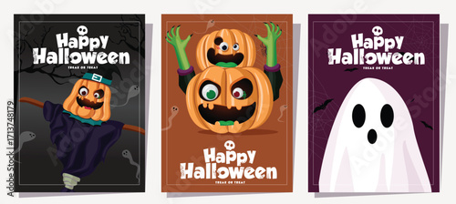Spooky Halloween clipart poster with pumpkin witch scarecrow, ghosts, and dark trees. Perfect festive vector illustration for October greetings, trick or treat parties, or seasonal backgrounds.