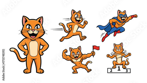 Playful Cat Character Set: Delightful cartoon depictions of a cheerful orange cat engaging in various dynamic activities. Witness its enthusiastic movements.