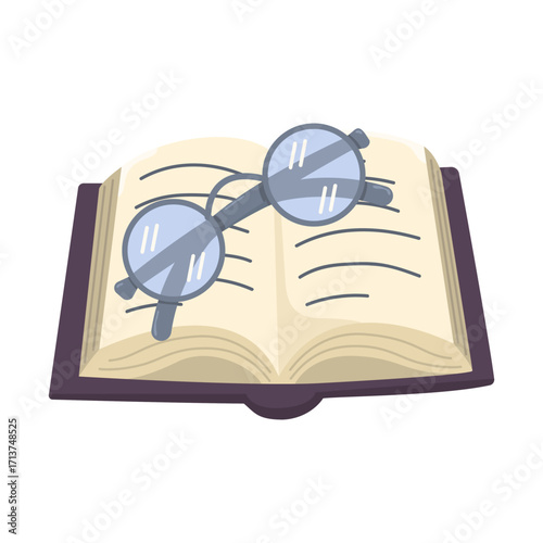 Vector illustration of an open book with reading glasses. Colored postcard for world book day. Concept for library and school.