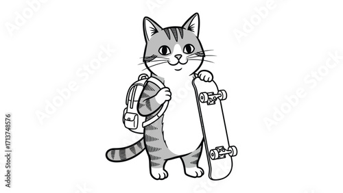 Cool Cat Skateboarder: A charming cartoon illustration depicts a cool cat confidently holding a skateboard and a backpack, ready for adventure.