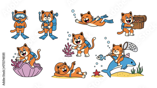Whimsical Underwater Adventure: A charming illustration showcases a collection of playful, cartoonish cats engaged in various underwater activities, from scuba diving to treasure hunting.