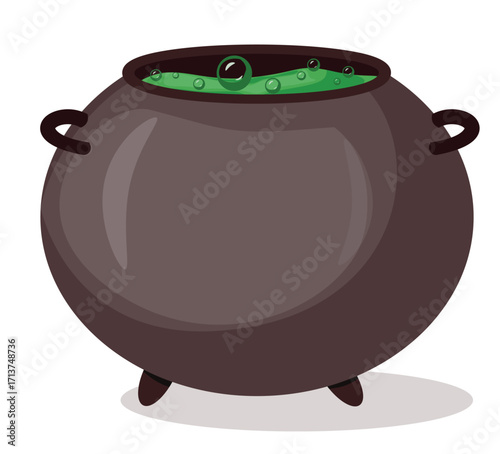 Halloween vector illustration of a dark witch cauldron with bubbling green potion. A spooky clipart design great for party flyers, greeting cards, October holiday decorations, and festive illustration