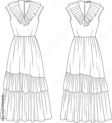 cad drawing flat vector illustration, elegant sleeveless long dress with tiered pleated skirt, ruffle neckline, front and back detailed view