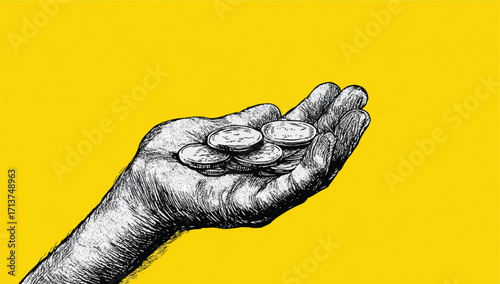 Hand holding a stack of coins representing wealth investment opportunity or financial success set against a yellow background