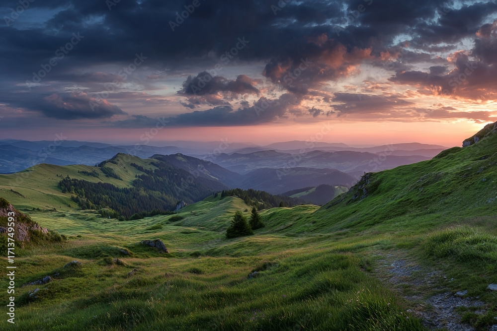 Obraz premium Dramatic sky over peaceful grassland hills at sunset with captivating hues of the sky