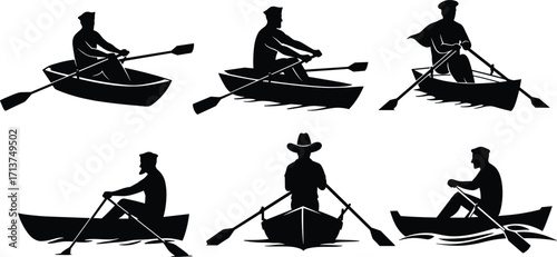 Silhouette of man rowing boat with oars, fisherman in rowboat, person paddling on water, leisure activity, fishing, outdoor river travel illustration