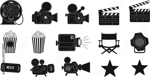 Collection of Cinema Icons Including Popcorn, Movie Camera, Director Chair, Film Reel, Clapperboard, Ticket, Projector and Studio Light