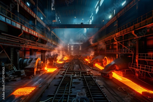 Hot steel pouring in steel plant producing molten metal