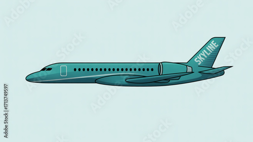 Turquoise skyline jet airplane illustration for aviation enthusiasts and travel industry professionals alike