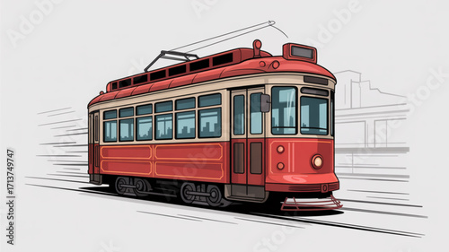 Vintage red streetcar illustration vector graphic design for transportation and urban travel concept art