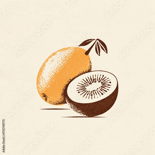 Illustration of kiwifruit showcasing a full fruit alongside a halved fruit against a neutral background offering natural charm