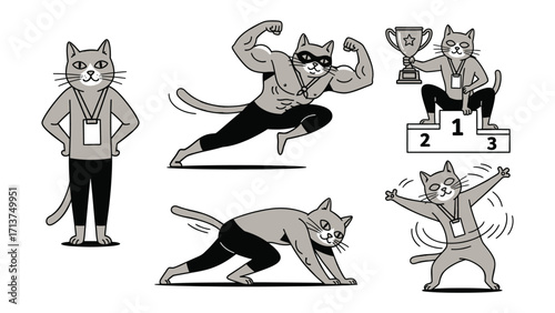 Cartoon Cat's triumph: This illustrative scene brings to life a cartoon cat engaging in several feats and activities, celebrating triumph and sport. The cat stands proud with awards and podium.