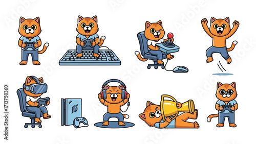 Gaming Cat Character in Action: Playful illustrations feature a charming cartoon cat fully immersed in the world of gaming, showcasing various actions like joystick use.