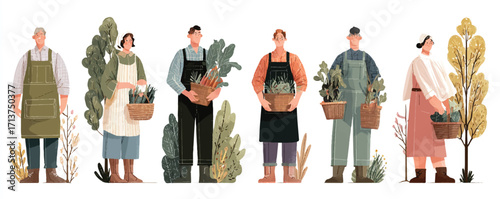 Diverse group of farmers and gardeners illustration with baskets of harvested vegetables plants and trees