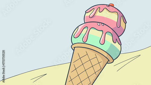 Colorful Rainbow Ice Cream Tower in Waffle Cone with Glossy Drips 3D Vector Illustration
