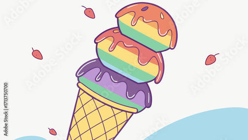 Colorful Rainbow Ice Cream Tower in Waffle Cone with Glossy Syrup Drips 3D Vector Illustration
