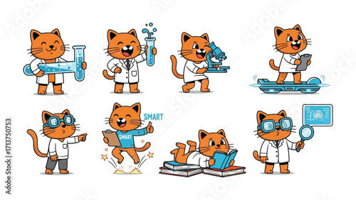 Clever Cat Scientist: A series of adorable cartoon cats, each dressed as a scientist, joyfully engage in scientific experiments, embodying the wonder and fun of discovery.