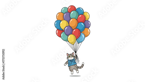 Floating Cat: A whimsical illustration of a cheerful cat ascending amongst a collection of vibrant, colorful balloons, showcasing a playful moment of soaring imagination and happiness.