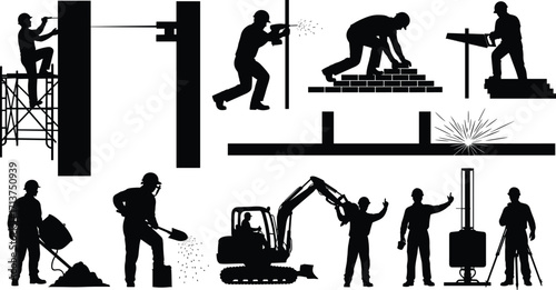 Construction Worker Silhouettes Operating Heavy Equipment, Welding, Mixing Cement, Laying Bricks, and Surveying at Building and Industrial Sites