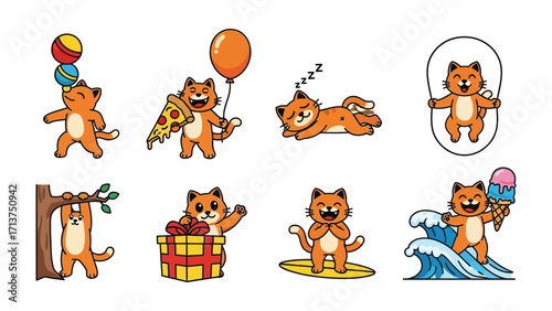 Playful Kitten: A collection of adorable illustrations showcasing a ginger kitten enjoying different activities such as balancing a ball, eating pizza, and surfing waves, radiating joy and liveliness.