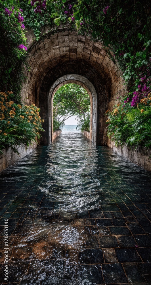 Obraz premium Stone archway tunnel with flowing water, lush greenery