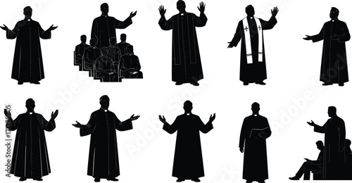 Silhouette of priests preaching, pastors giving sermons, clergy teaching congregation, religious leaders worshiping, church service illustration, spirituality, Christianity, faith