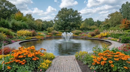 Colorful garden pond with fountain