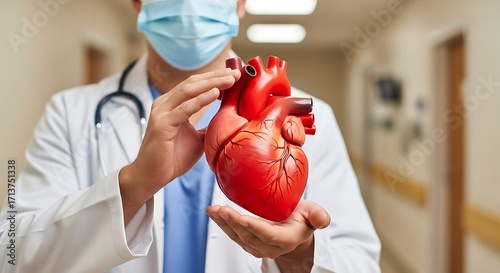 A doctor in a white coat and mask holds a realistic model of a human heart, symbolizing cardiology and medical care.