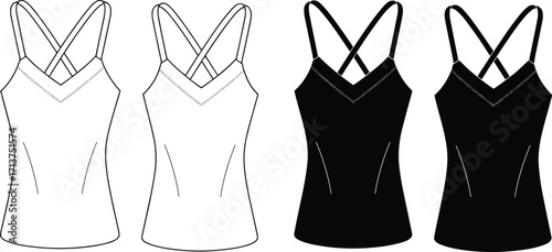 Minimalist fashion camisole tank top with V-neckline and crossed straps, front and back view, in black and white colors, vector illustration