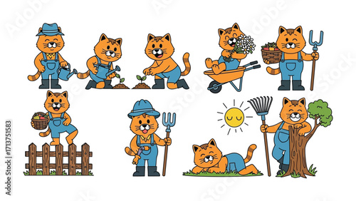 A Day in the Life of a Gardening Cat: A cartoon cat embraces a day of gardening activity, as it tends the plants, wielding a variety of gardening tools and implements.