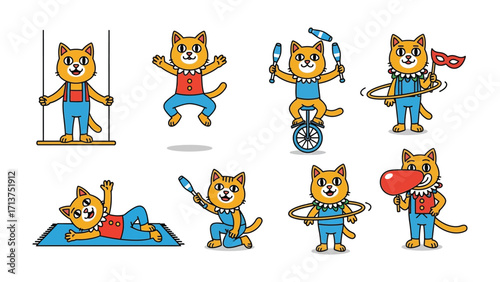 Whimsical Circus Cat: A delightful collection of cartoon cat engaging in various circus acts, offering a vibrant and playful design perfect for children's projects.