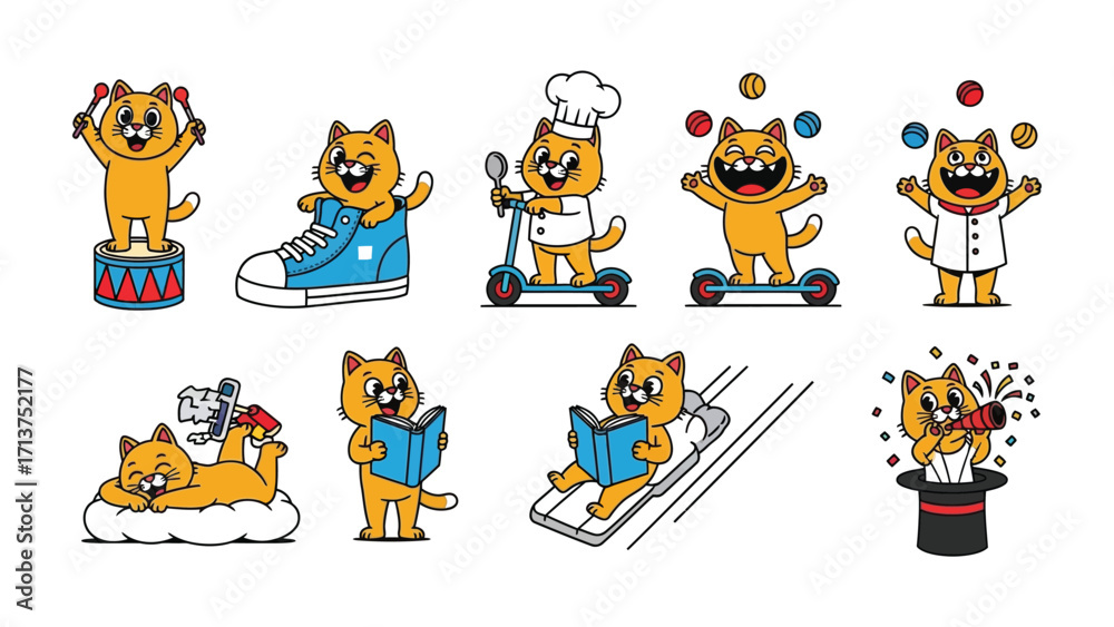 Obraz premium Playful Feline Characters: An adorable collection of animated cat characters engaged in a variety of comical activities, offering a dose of fun and lightheartedness.