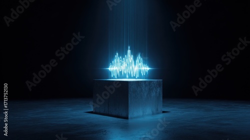 Ethereal Blue Soundwave Erupts from Metallic Pedestal in Dramatic Spotlight.