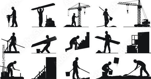 Construction worker silhouettes performing tasks like drilling, carrying materials, operating cranes, building stairs, and digging on site vector illustration.