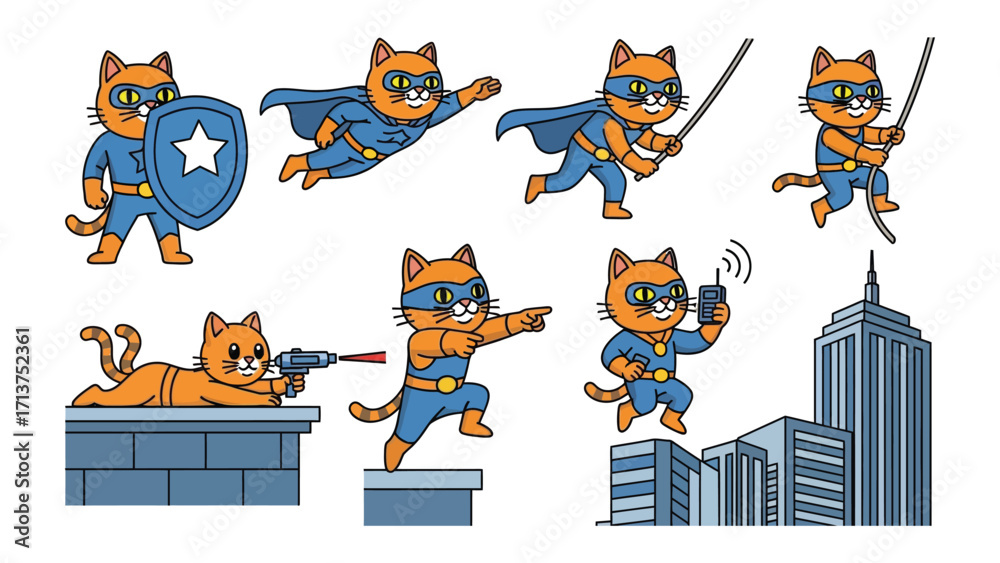 Naklejka premium Heroic Cat Illustrations: A collection of dynamic illustrations depicting a heroic cat in various action poses, embodying courage and strength with a playful flair. 