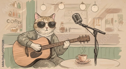 Stylish Cat Wearing Sunglasses Playing Acoustic Guitar in Coffee Shop Setting