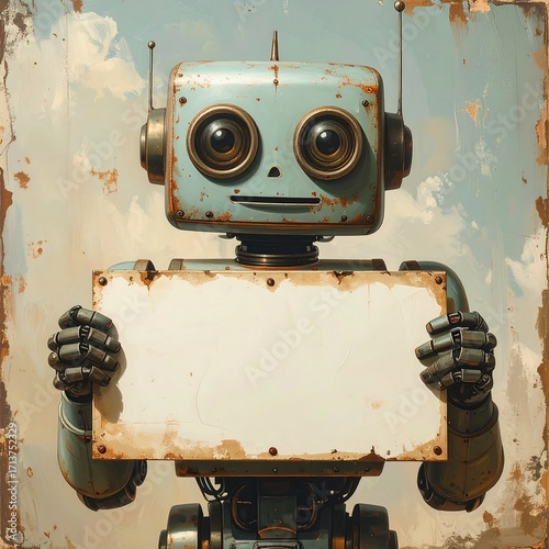 Rusty robot holding blank sign