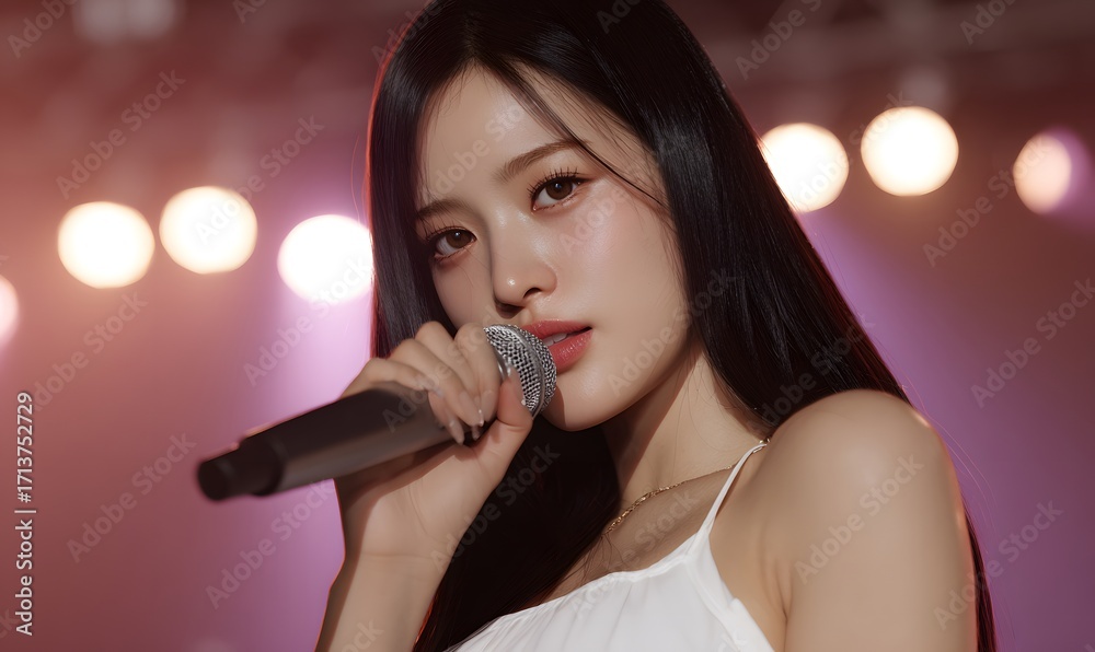 Fototapeta premium a stunning Korean female idol in her 20s, standing on a concert stage and singing into a microphone.