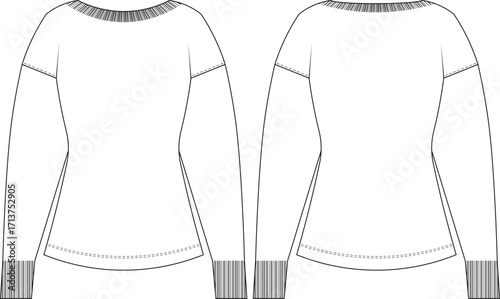 ribbed round crew neck drop shoulder long sleeve ribbed cuff knitted sweater knitwear sweatshirt pullover template technical drawing flat sketch cad mockup fashion woman design style model 
