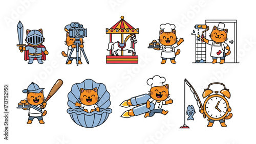 Whimsical Feline Characters: This image unveils a collection of cartoonish feline characters engaging in varied activities, embodying the essence of fun and creative imagination.
