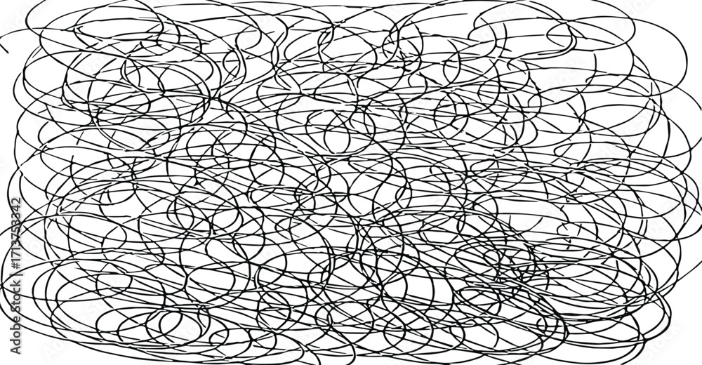 Fototapeta premium Abstract chaotic scribble of interwoven lines, creating a dense and tangled pattern on a white background.