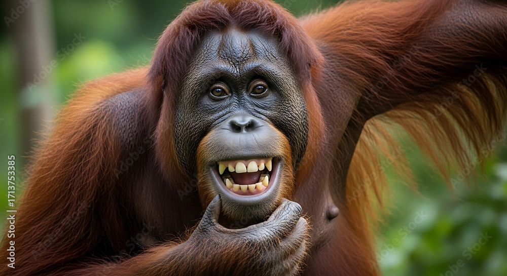 Fototapeta premium Close up portrait of a smiling orangutan in lush green forest
