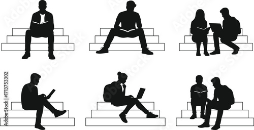 Silhouette students sitting on stairs, reading books, using laptops, studying together, education teamwork, knowledge sharing, learning concept, academic lifestyle, college group.
