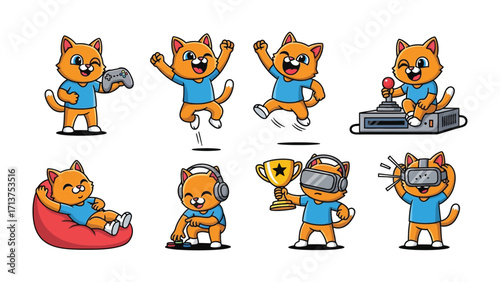 Gaming Cat Compilation: A collection of cartoon cat characters immersed in a vibrant gaming world, showcasing a playful and enthusiastic demeanor through varied poses with controllers, VR headsets.
