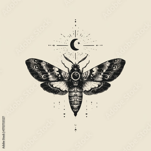 Elegant mystical death head moth illustration with moon crescent and radiating light beams in beige background graphic element for designs