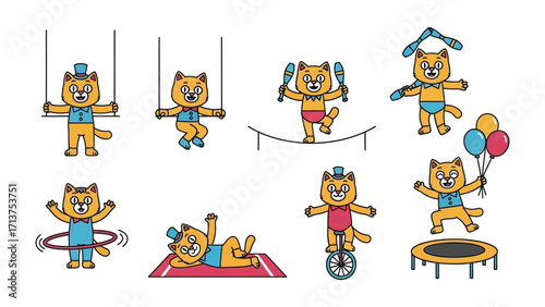 Adorable Circus Cat: Playful cartoon illustrations featuring a charming cat performing circus acts, including balancing on a tightrope, juggling, and more, offering a touch of whimsy and delight.