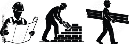 Construction Worker Silhouettes with Blueprint, Bricklaying, and Lumber – Industrial Labor Icons for Architecture, Building, Engineering, and Construction Design