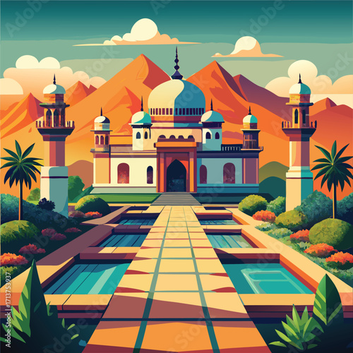 A majestic mosque with minarets. situated in a desert landscape