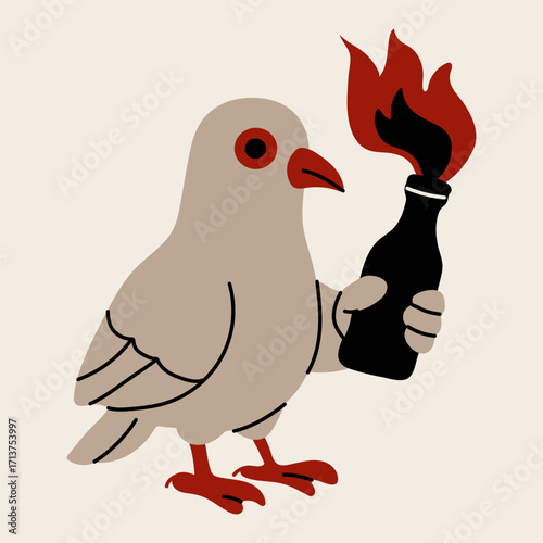 Urban Pigeon with Molotov Cocktail in Artistic Design