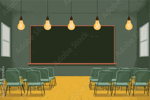 Empty classroom illustration featuring blackboard chairs windows and illuminated lightbulbs creating a simple educational environment